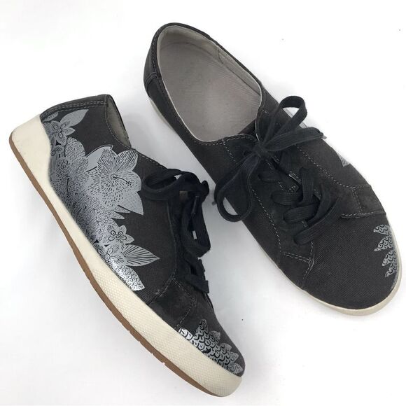Dansko OLISA Charcoal Gray Canvas Silver Metallic Floral Printed Sneaker Shoes - Picture 1 of 12